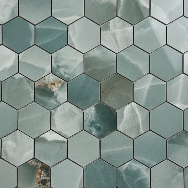Vloertegel / wandtegel Hexagon Onix marmer turquoise gepolijst 29×27 matje