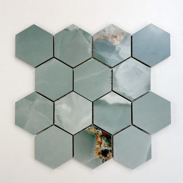 Vloertegel / wandtegel Hexagon Onix marmer turquoise gepolijst 29×27 matje - Image 2